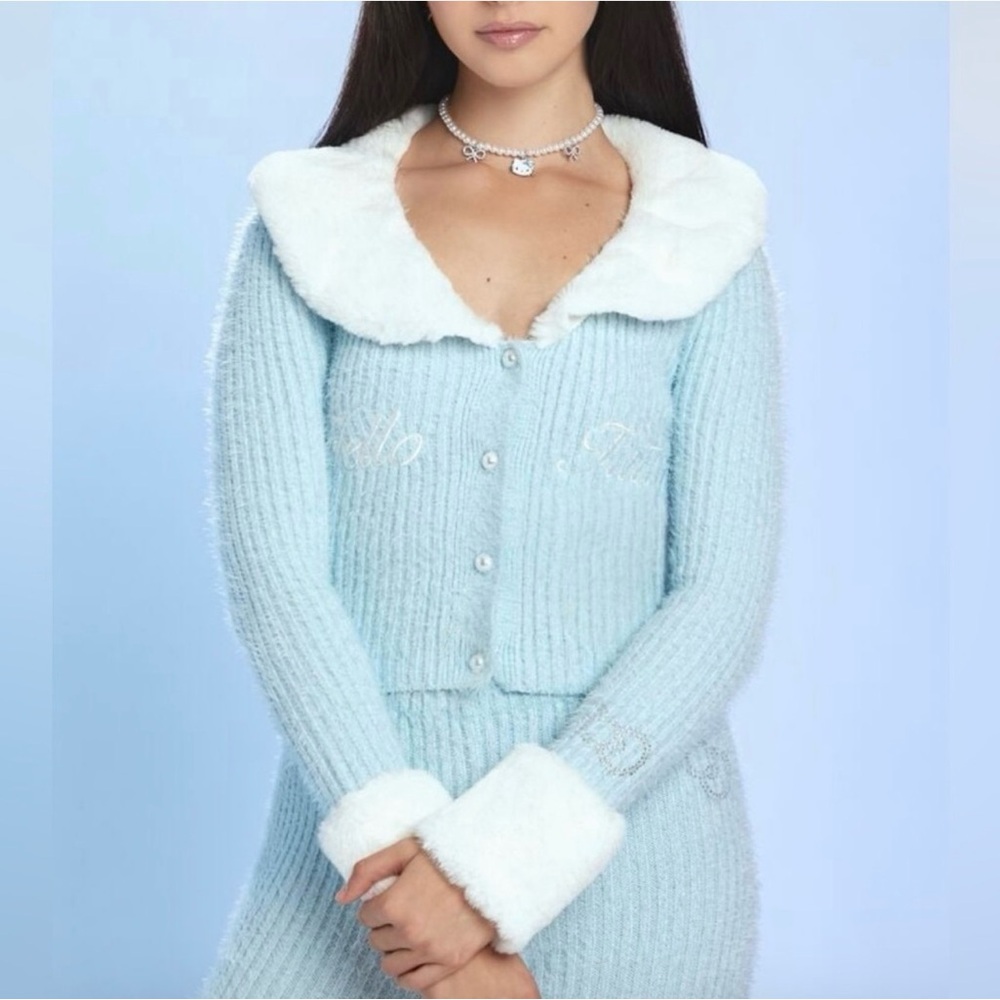 Hello Kitty X Forever 21 Angel Kitty Knit Cardigan Sweater Faux Fur Small Y2K